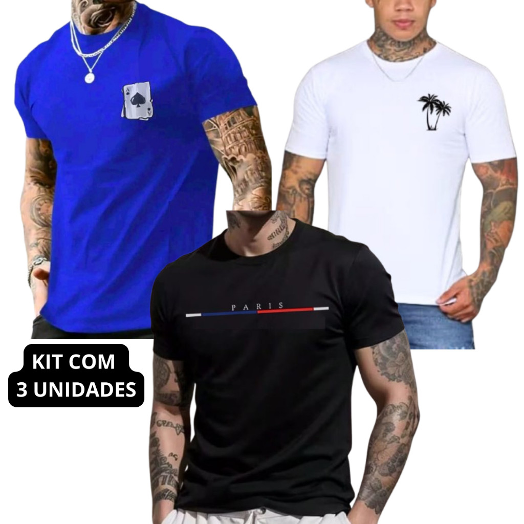 Kit 3 Camiseta Básica Masculina 100% Algodão Estampas Diversas Promoção