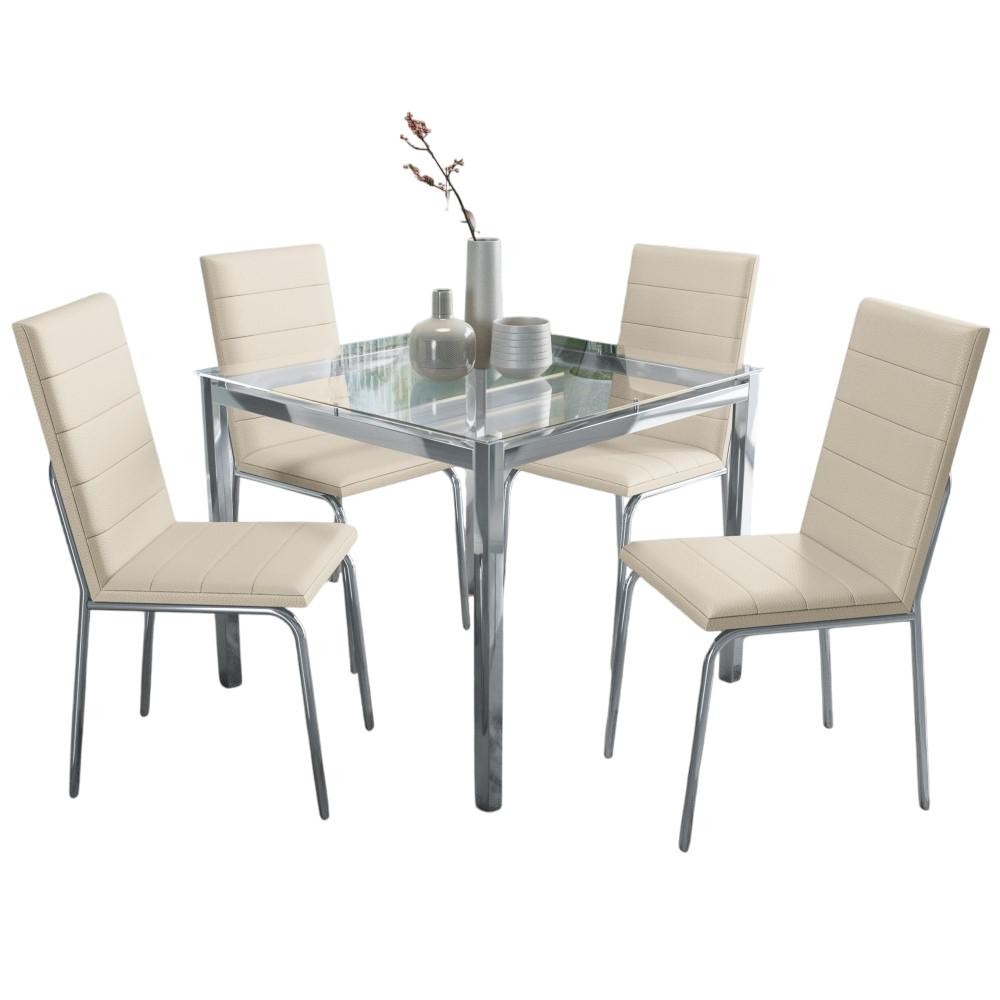 Conjunto Sala de Jantar 4 Cadeiras Mesa Tampo de Vidro Kappesberg Crome Cromado/Bege em Oferta na Shopee
