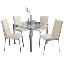 Conjunto Sala de Jantar 4 Cadeiras Mesa Tampo de Vidro Kappesberg Crome Cromado/Bege