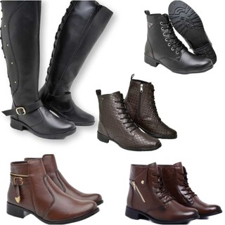 Promoção Kit Feminino  1  Par  de Bota Cano Alto Preta  + 1 Bota Cano baixo Preta + 3 Botas cano Baixo marrom