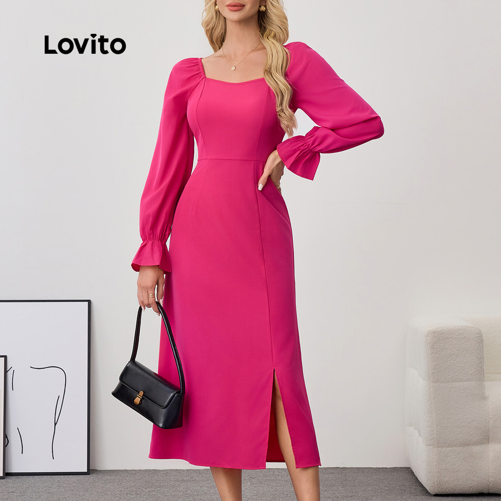 Detalhes do (Trendy) Lovito Vestido elegante com estrutura lisa e manga bispo frontal dividida para mulheres LBL24079