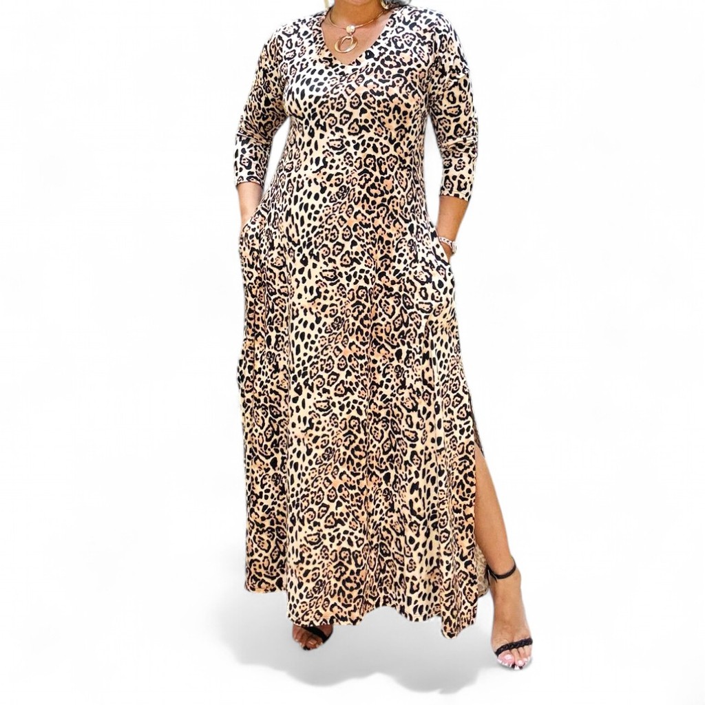 Vestido Longo Plus Size Feminino Viscolycra Manga Longa com Fenda Frontal e Bolsos Estiloso