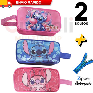 Estojo Lápis Duplo Escolar Lilo Stitch 2 Bolsos Divisórias Angel Infantil em Oferta na Shopee