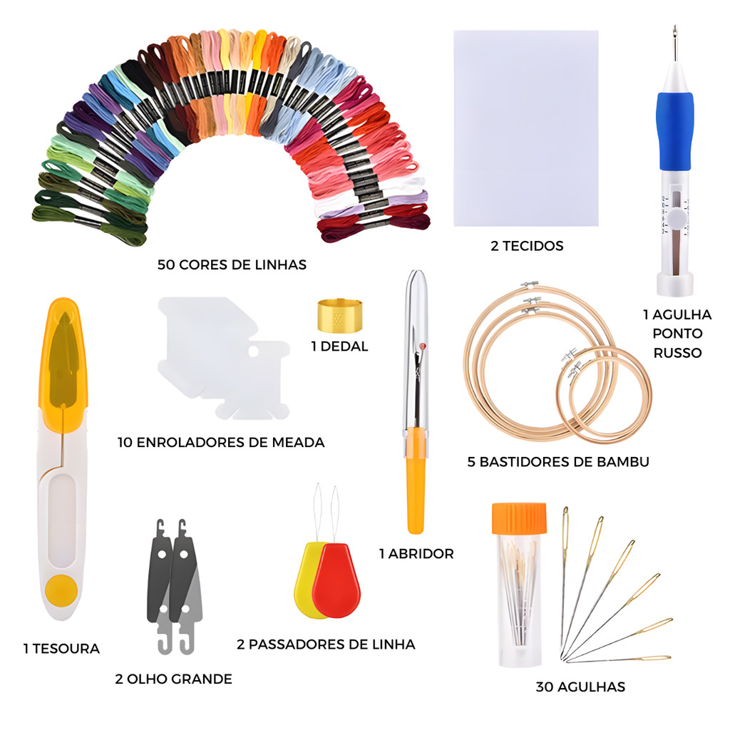Kit Bordado Para Iniciantes + Kit Ponto Russo + 50 Cores De Linha + Bastidores de Bambu