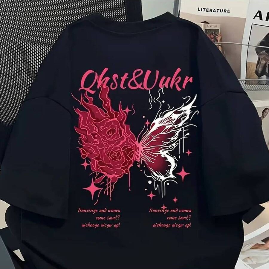 Camiseta Feminina Masculina Butterfly Flames Rosa Vermelho Manga Curta Streetwear T-shirt em Oferta na Shopee