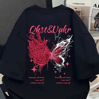 Camiseta Feminina Masculina Butterfly Flames Rosa Vermelho Manga Curta Streetwear T-shirt em Oferta na Shopee