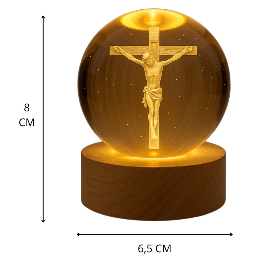 Luminária Bola de Cristal Led Mesa Globo Vidro 3d Madeira Decoração Abajur Presente Enfeite Jesus