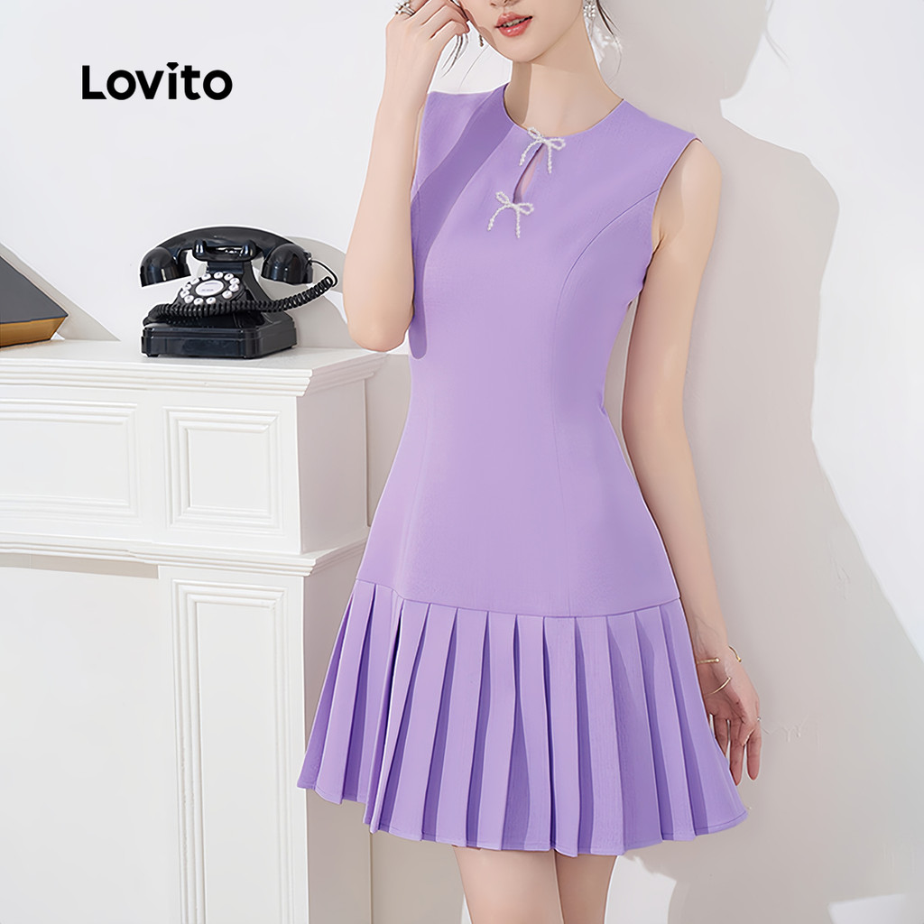 Detalhes do Lovito Vestido Casual liso com fivela de strass e laço frontal plissado para mulheres L132ED573