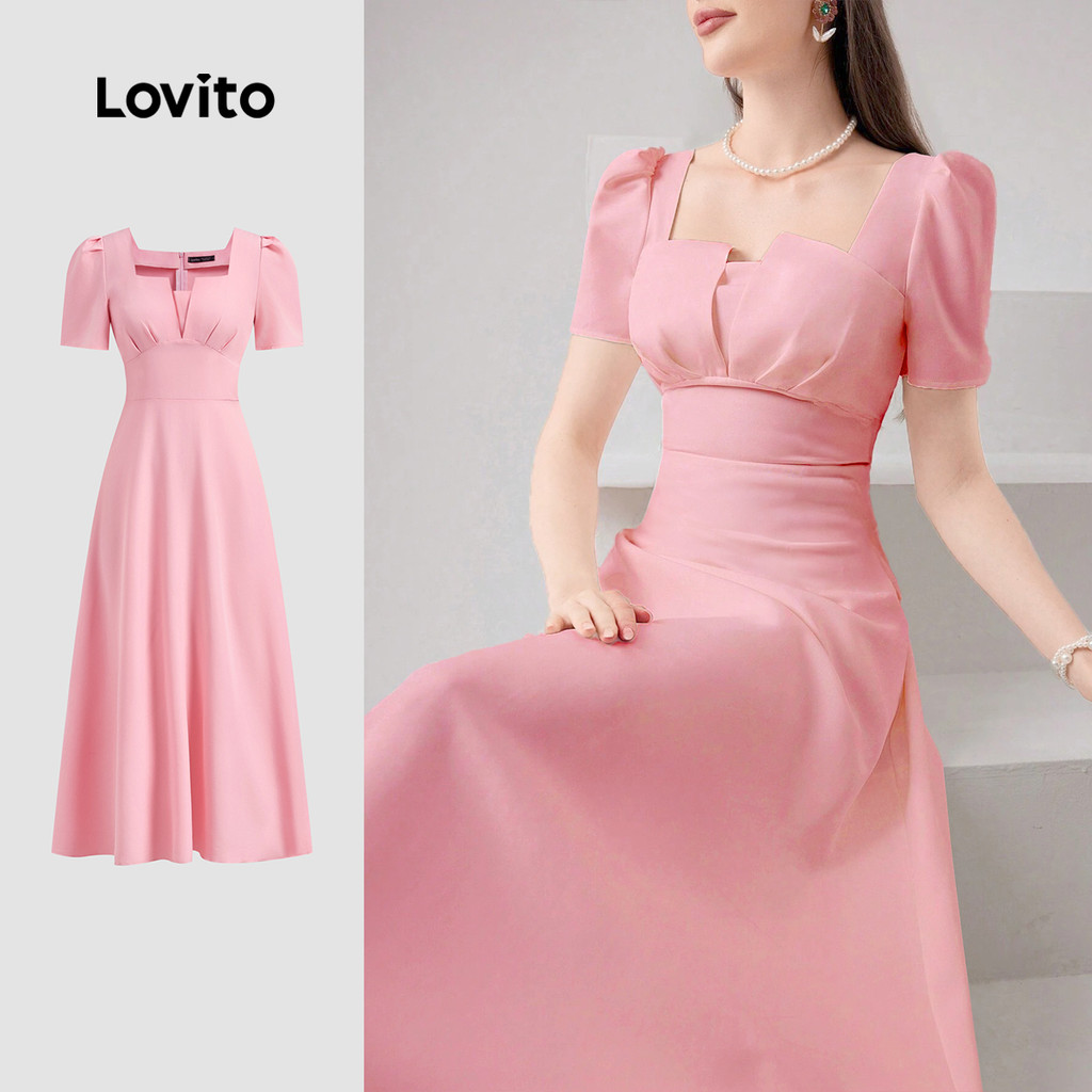 Lovito Vestido Casual Feminino Liso Plissado Drapeado Vestido De Verão/primavera L132AD1039 em Oferta na Shopee