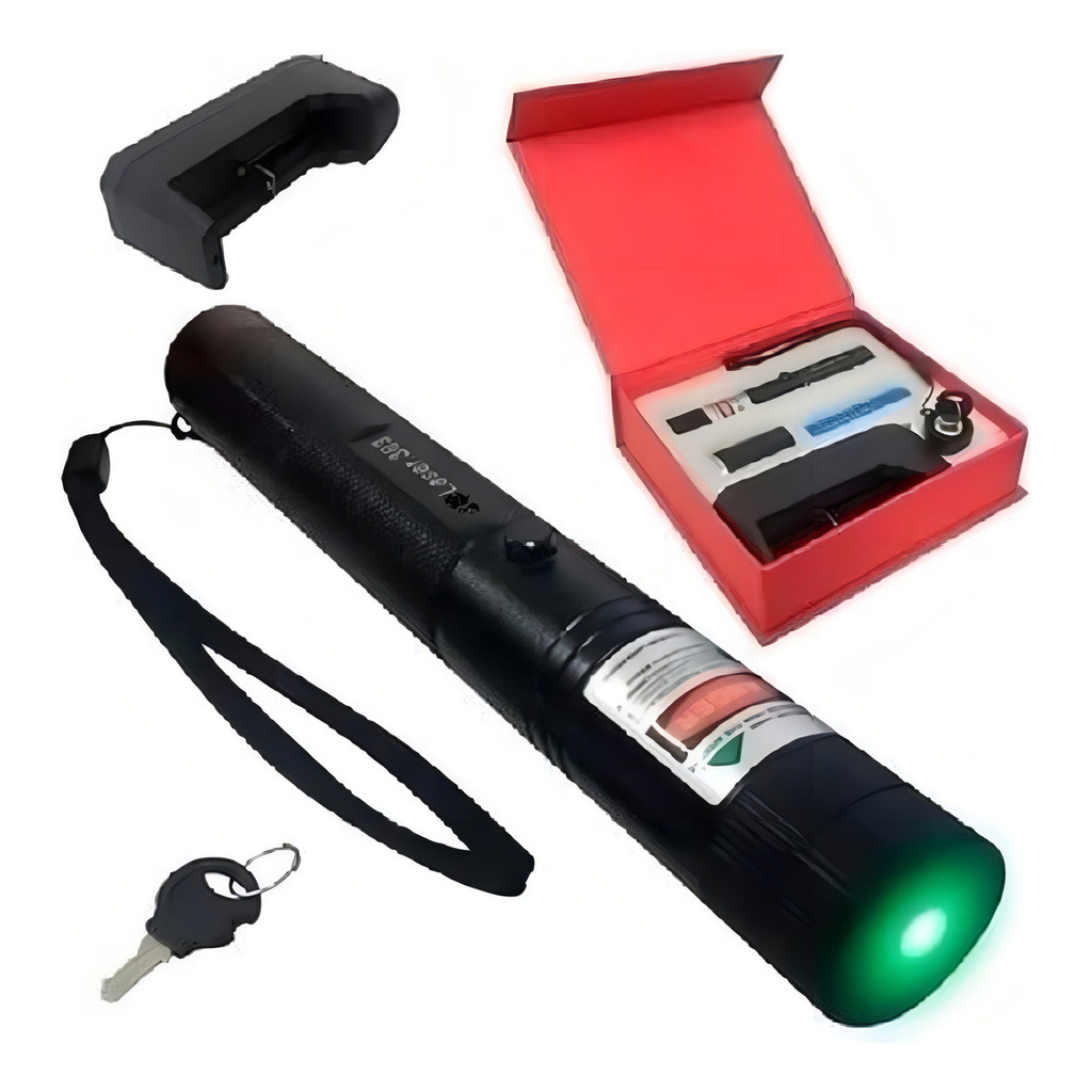 Caneta Laser Pointer Verde Recarregável com Chave de Segurança com Bateria e Carregador Laser 303