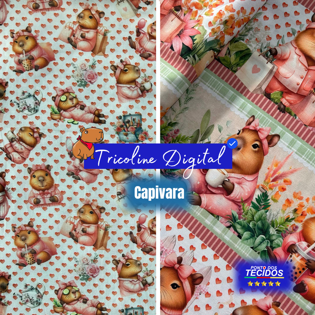 Tecido de CAPIVARAS FOFAS Tricoline Digital   | 1,50LARG | Capivara Capivarinha