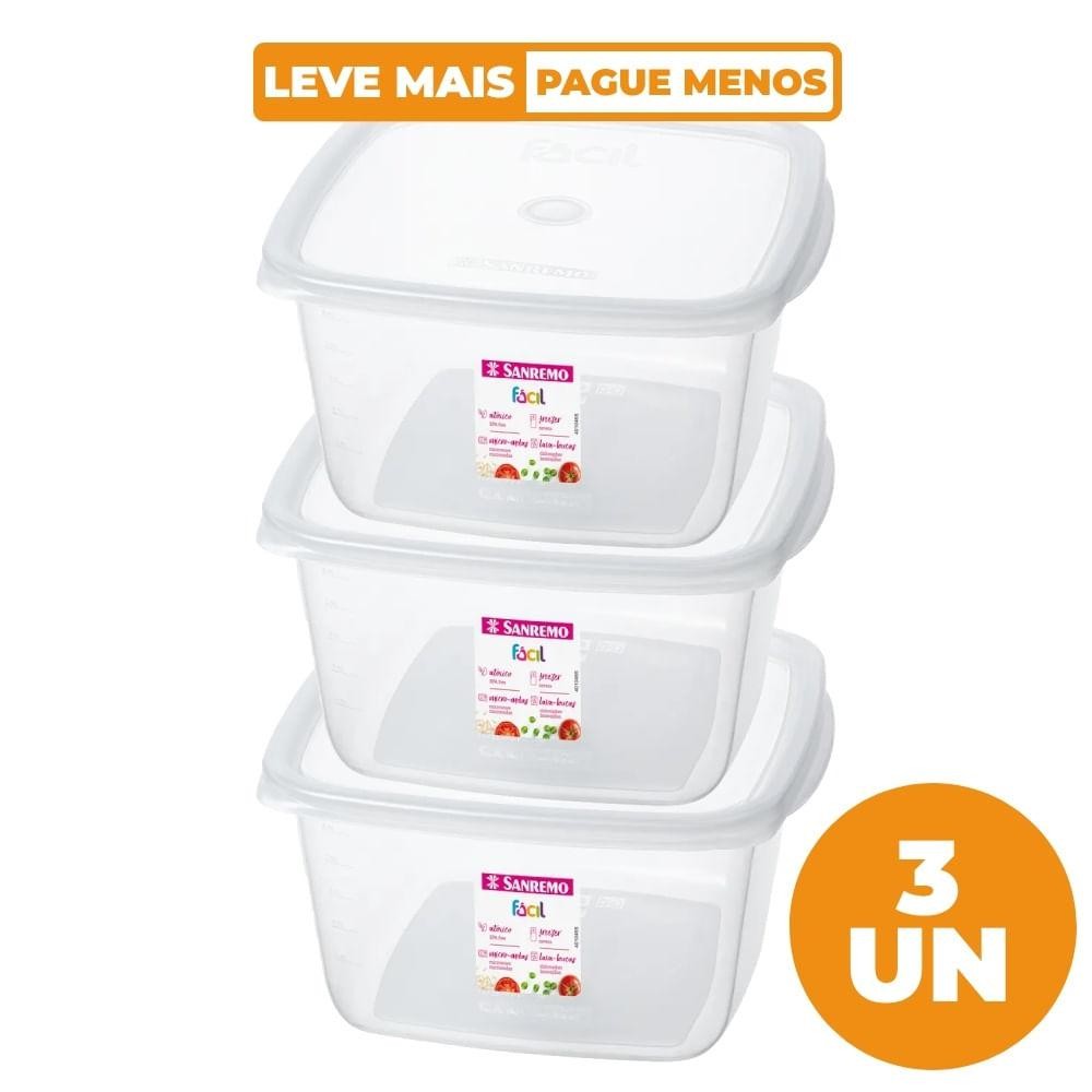 Kit 3 Potes Plásticos Quadrados Fácil Cristal 3,7L Sanremo