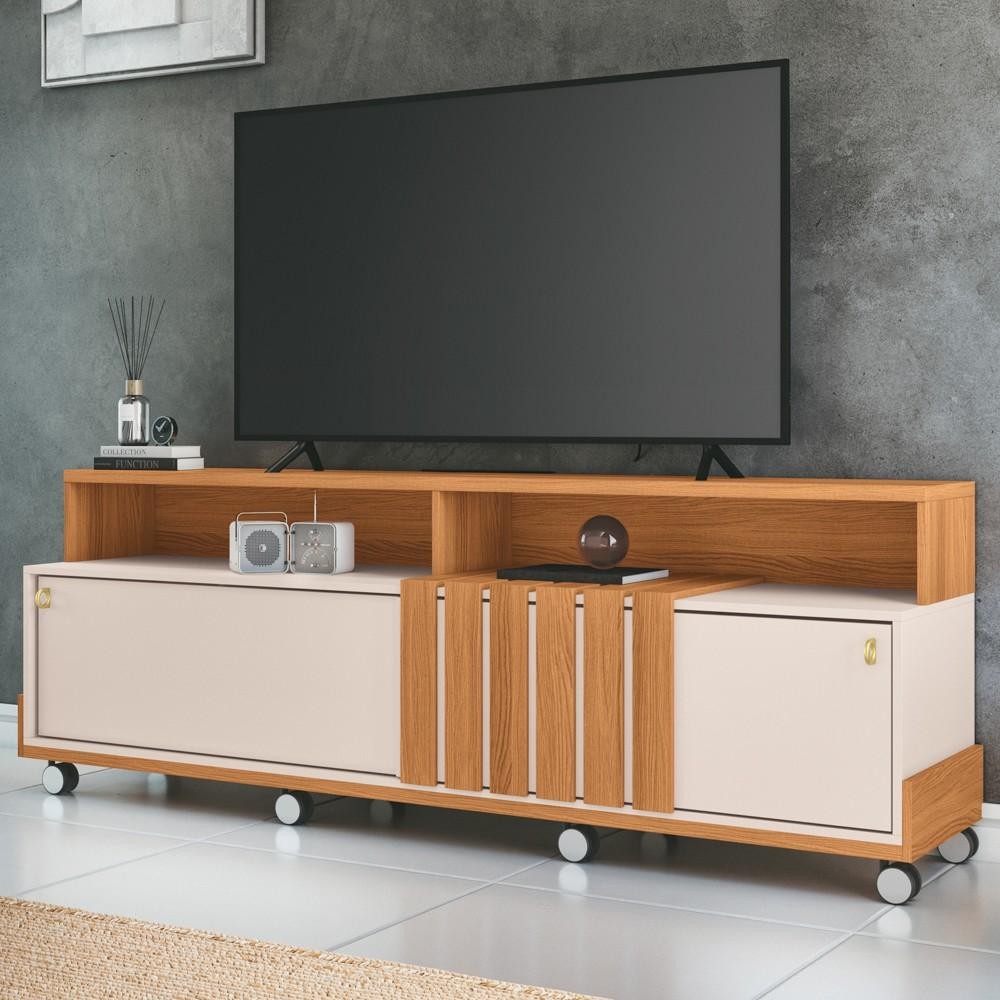 Rack Bancada de TV 70 Pol 180cm Graci Off White/Cinamomo - HB Móveis