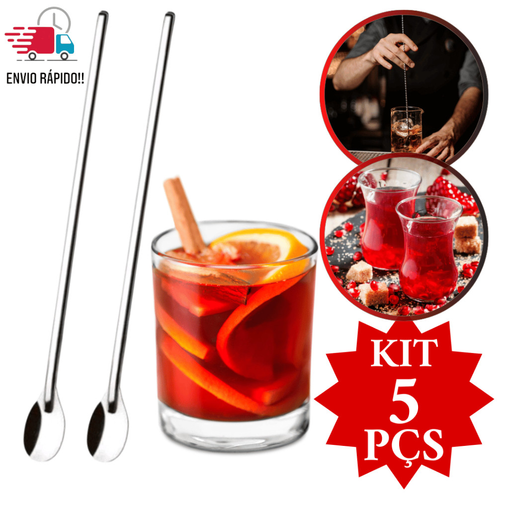 Kit 5 Colher Bailarina para Suco Colher Longo Alcance com 30cm em Aço Inox Colher de Suco Promoçaõ