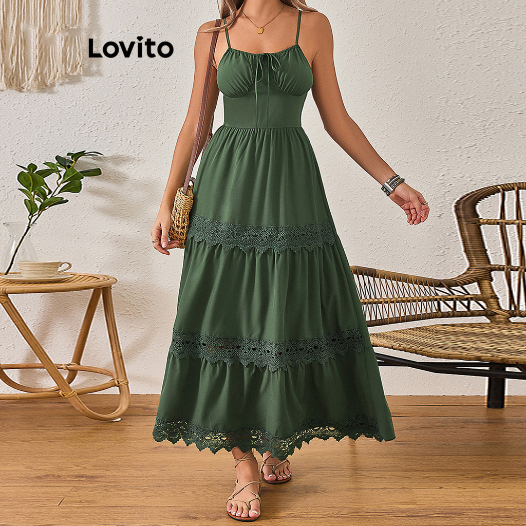 Lovito Boho Plain Lace Vestido para Mulheres LBL15428