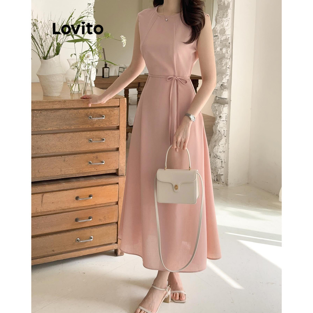 Lovito Vestido Casual Liso Com Cadarço E Estrutura Para Mulheres L91ED500 - Women Clothes