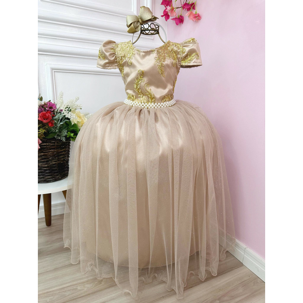 Vestido Juvenil Dourado Daminha Longo Formatura Festa Renda Luxo de Princesa 4 ao 16 Anos