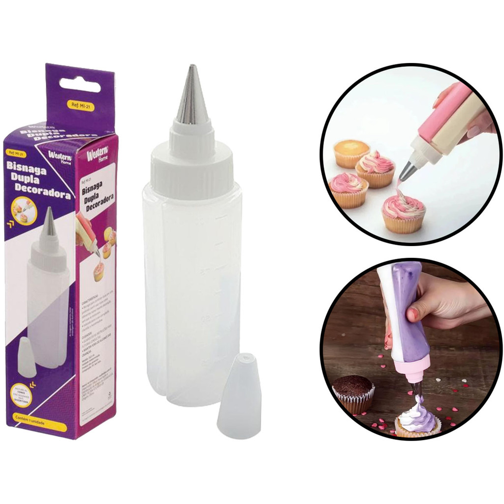Bisnaga Dupla Plástica Decoradora Para Cupcake Bolo Doces Confeitaria Bico Em Inox 100ml