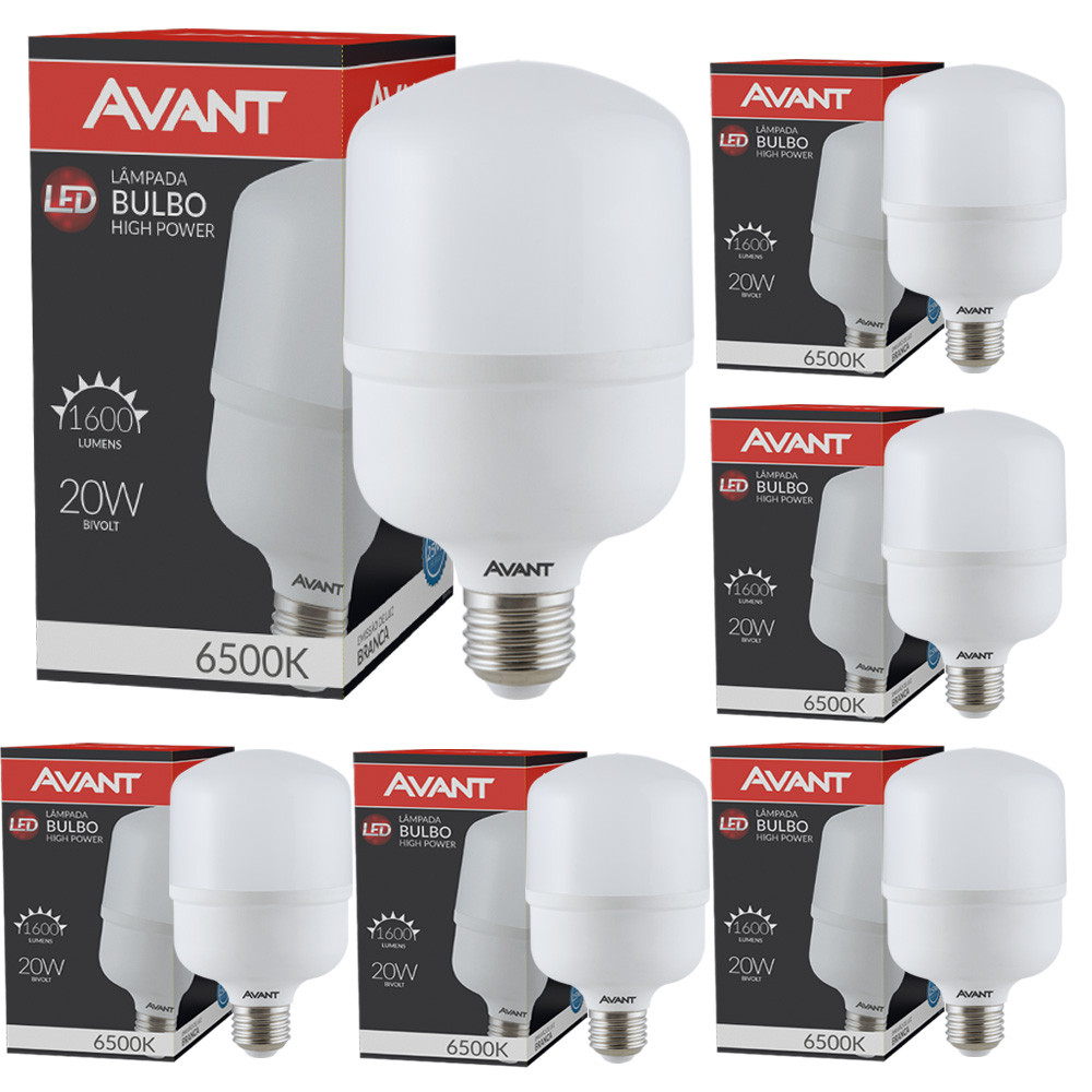 Kit 6 Lâmpada Bulbo Led 20W Luz Branca 6500K Bivolt 127v 220v Soquete E27 Avant em Oferta na Shopee