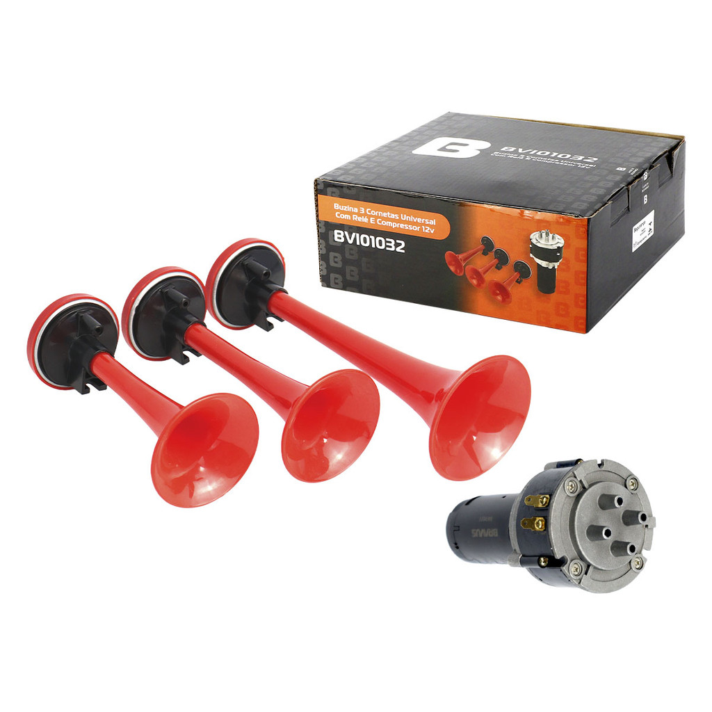 Buzina Verdureiro 3 Cornetas Universal C/ Relé Compressor Kit 4 Saídas 12V Carro Caminhão 2 Toques