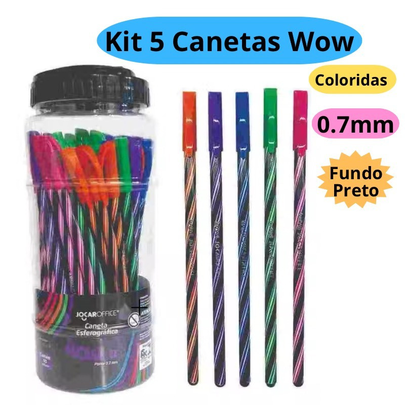Kit 5 Canetas Esferográficas Wow Fundo Escuro 0.7mm Coloridas Escolar Infantil Leo&Leo em Oferta na Shopee