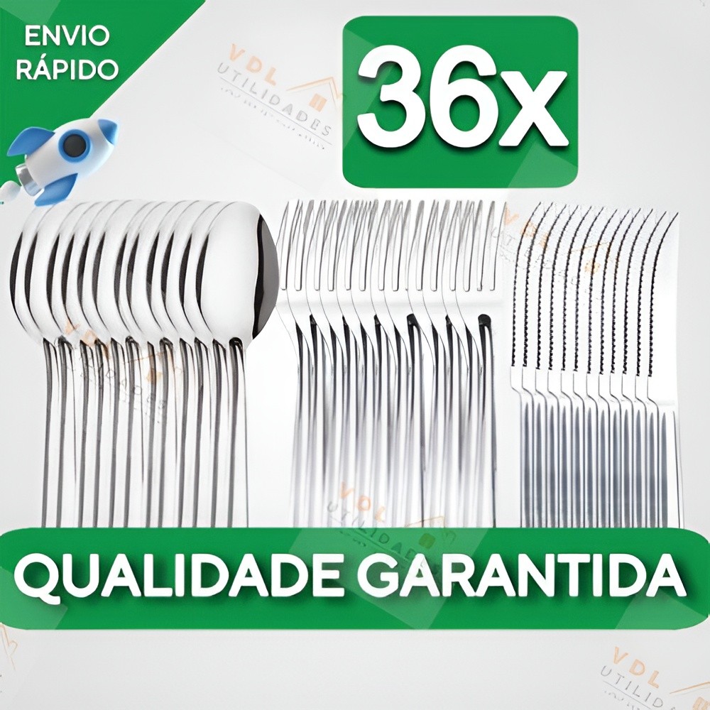 Conjunto Jogo de Talheres 36 peças Aço Inox 12 Facas 12 Garfos e 12 Colheres de Mesa Casa Para Restaurante