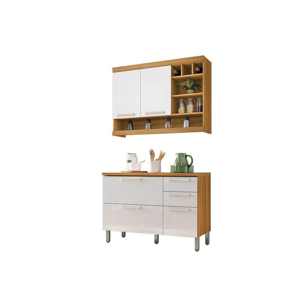 Cozinha Modulada Nesher Burguesa 2 Peças (1 Armário + 1 Balcão) C2P22 Freijó/Branco em Oferta na Shopee