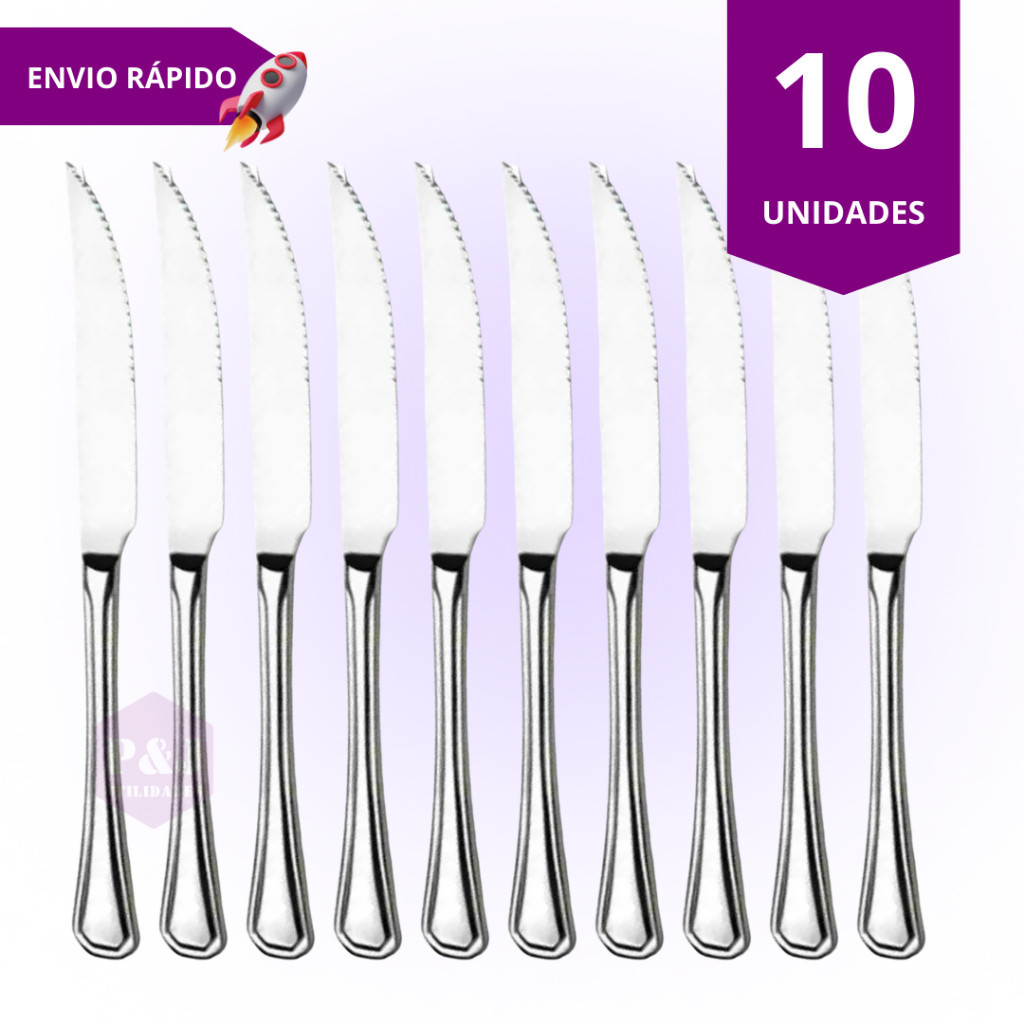 Kit de Facas de Inox 10 Peças para Cozinha Mesa Talher Casa e Restaurante Churrasco Uso Profissional e Doméstico