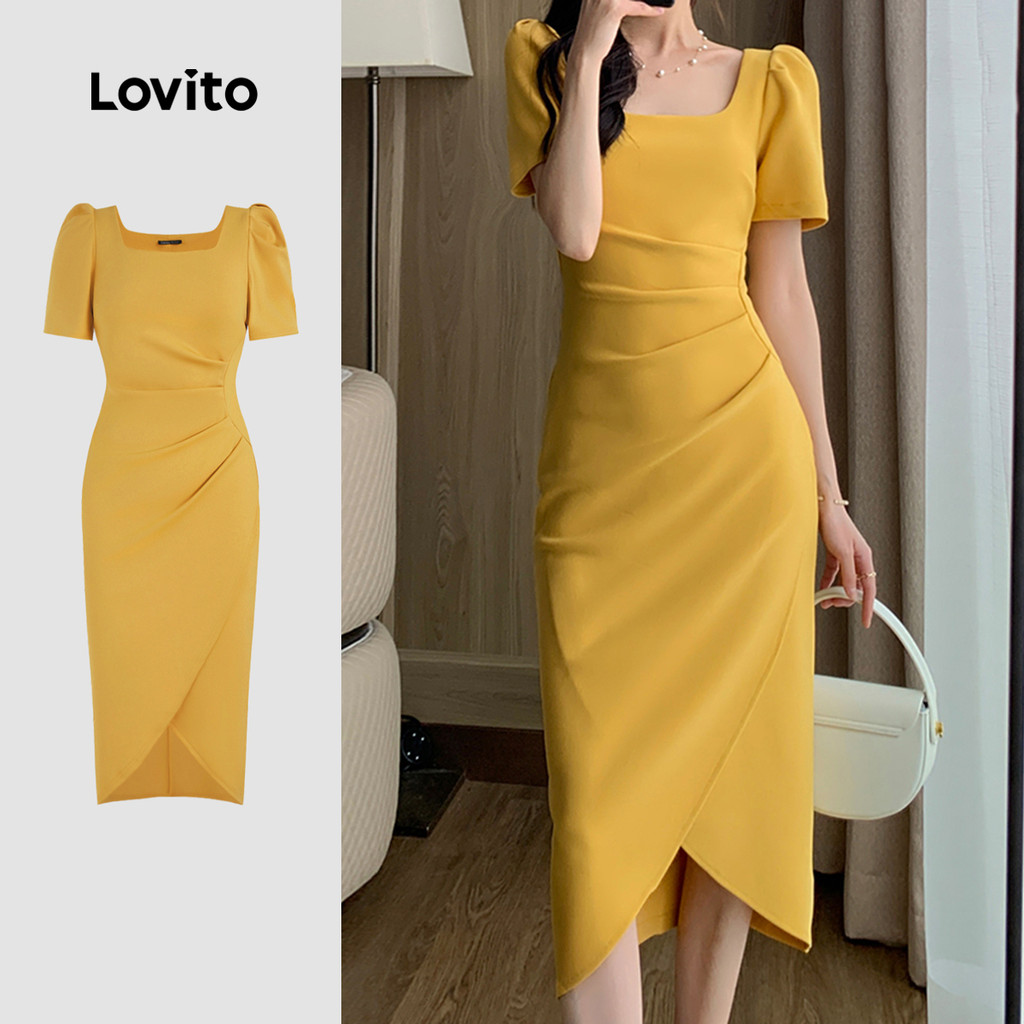 Lovito Vestido elegante liso plissado para mulheres L132ED114 - Women Clothes