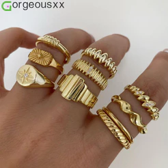 [Gorgeousxx] Conjunto De Ring Light Anel De Luz Estrela Vintage Para Mulheres , Anéis Geométricos Ondulados , Acessórios