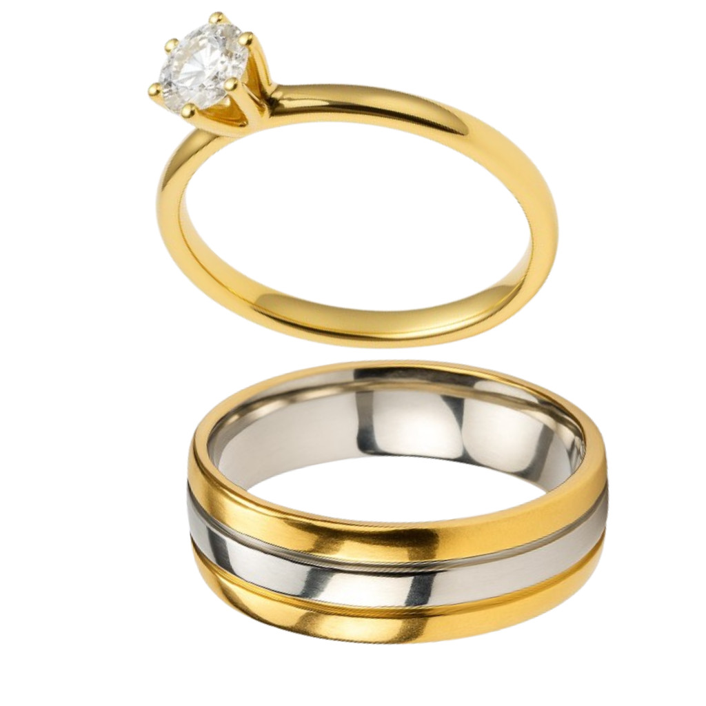 Aliança Casamento Banhada Ouro 18k Friso Prata 6mm Bodas + Anel Solitário Ouro 18k  2mm Tradicional Luxo