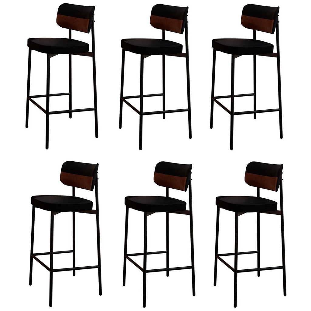 Banqueta Alta Bar Estofada Kit 6 Ella M25 Linho Preto/Marrom - Mpozenato