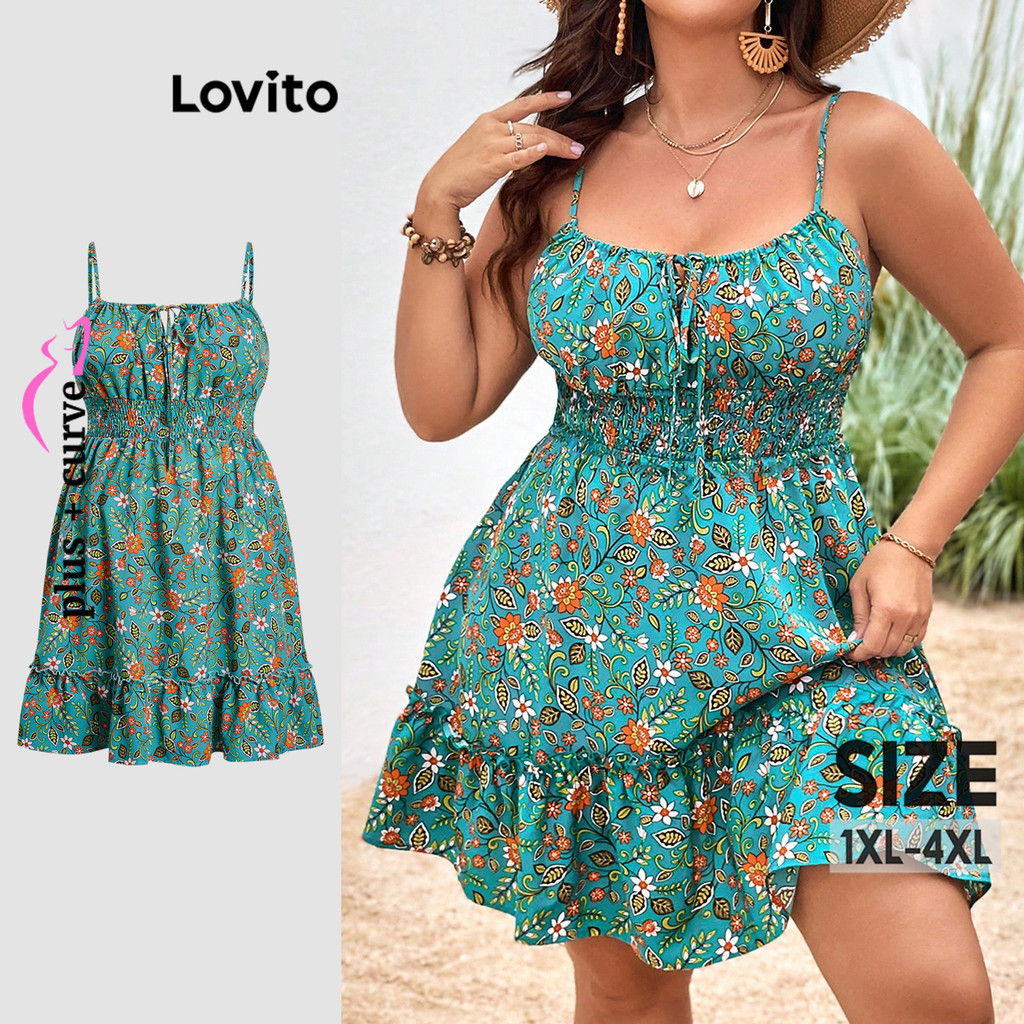 Lovito Vestido Boho Curva Plus Size Ditsy Floral Babado Smocked Vestido De Verão/Primavera Para Mulheres LBL20663 - Women Clothes