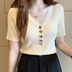 Lovito Camiseta Casual Com Botão Verão/Primavera Para Mulheres LNL36064
