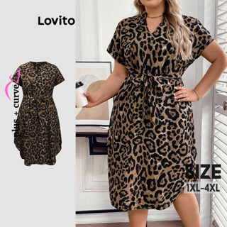 Lovito Vestido Casual Curva Plus Size Leopardo Com Cinto Vestido De Verão/Primavera Para Mulheres LBL18615 em Oferta na Shopee