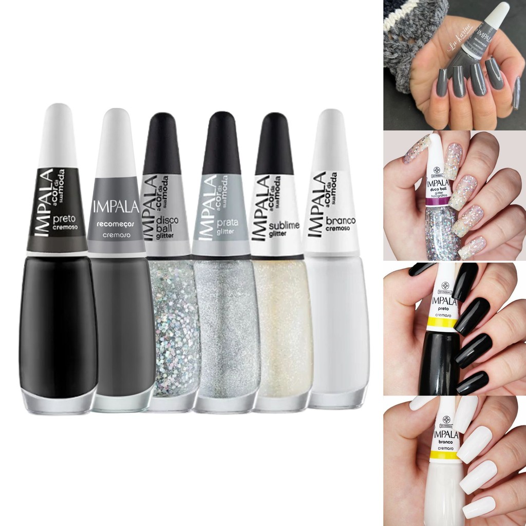 Kit 6 Esmalte Impala Atacado Tons Branco Prata Glitter Cremoso impala