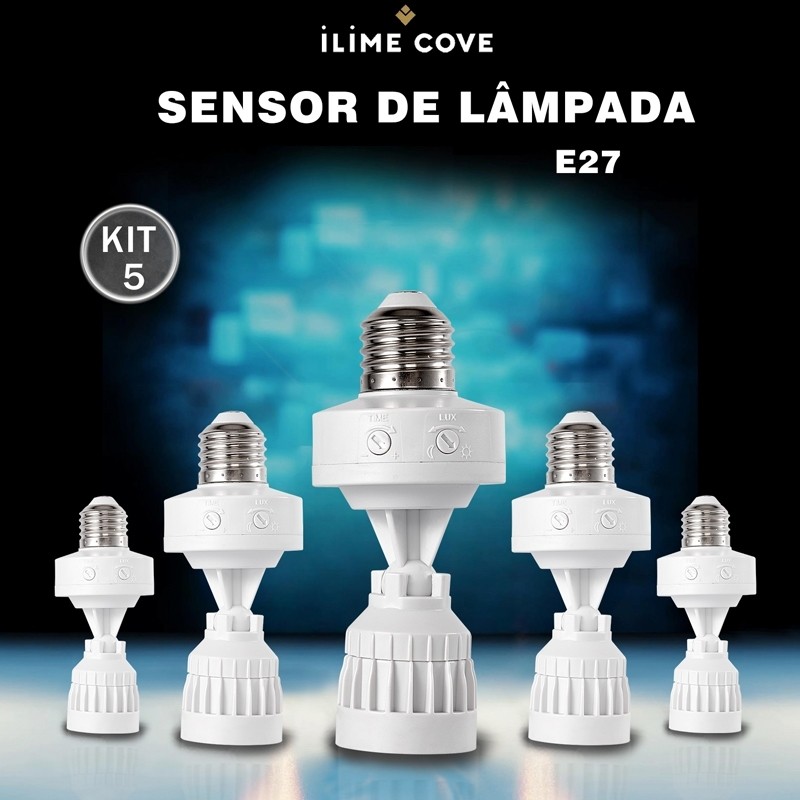 Kit 5 Sensor De Presença Com Fotocélula Para Lâmpada Soquete E27 Bivolt Ângulo ajustável