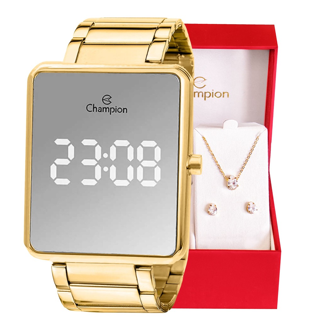Relógio Champion Feminino Digital Dourado Espelhado Colar Brincos  Presente Moda Tendência CH40086B - Watches