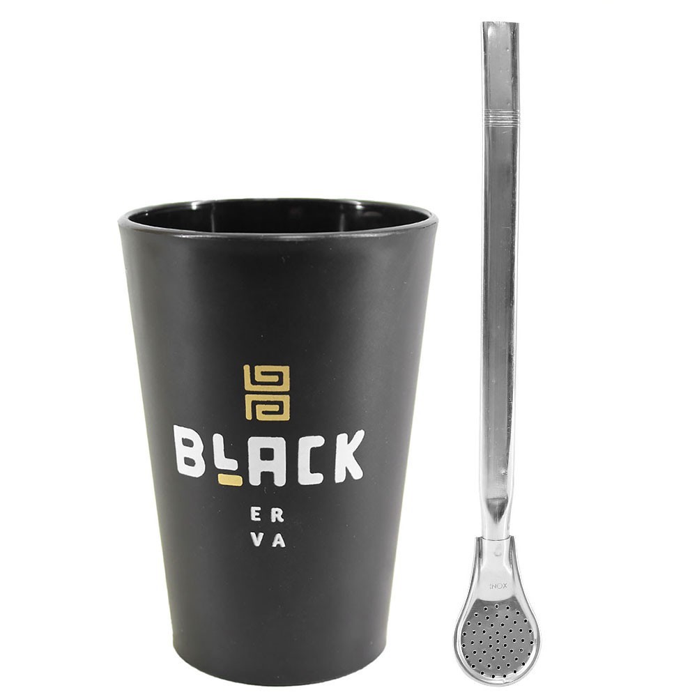 Kit Copo De Terere Redondo Black Erva Bomba Inox 19cm Tradicional