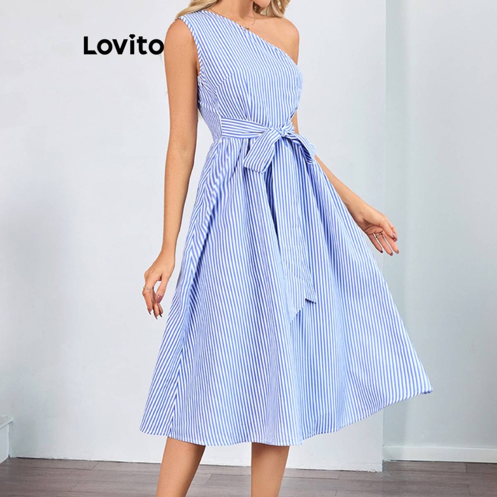 Lovito Vestido elegante listrado assimétrico com renda para mulheres LBL16062 - Women Clothes