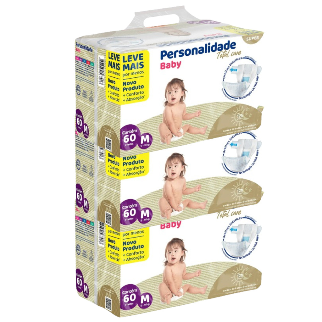 Kit 3 Fralda Descartável Personalidade Baby Total Care Bag M - Total 180 Unidades