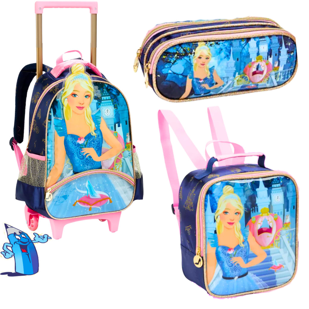 KIT MOCHILA DE RODINHA COM LANCHEIRA E ESTOJO CINDERELA INFANTIL SAPATINHO CRISTAL ROXA DENLEX