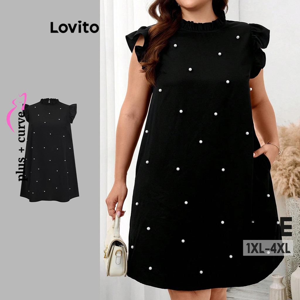 Lovito Vestido Curvo Plus Size Elegante Vestido Com Babados De Pérolas Lisas Para Mulheres LBL17706 - Women Clothes
