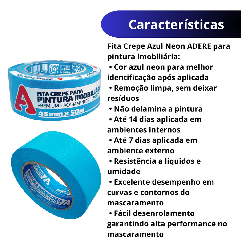Fita Crepe Pintura Imobiliária Azul Neon Premium 45mm X 50m Adere
