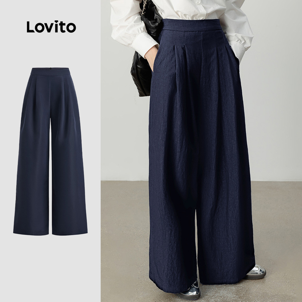 Lovito Calças elegantes com zíper plissado liso para mulheres LBL23538 - Women Clothes