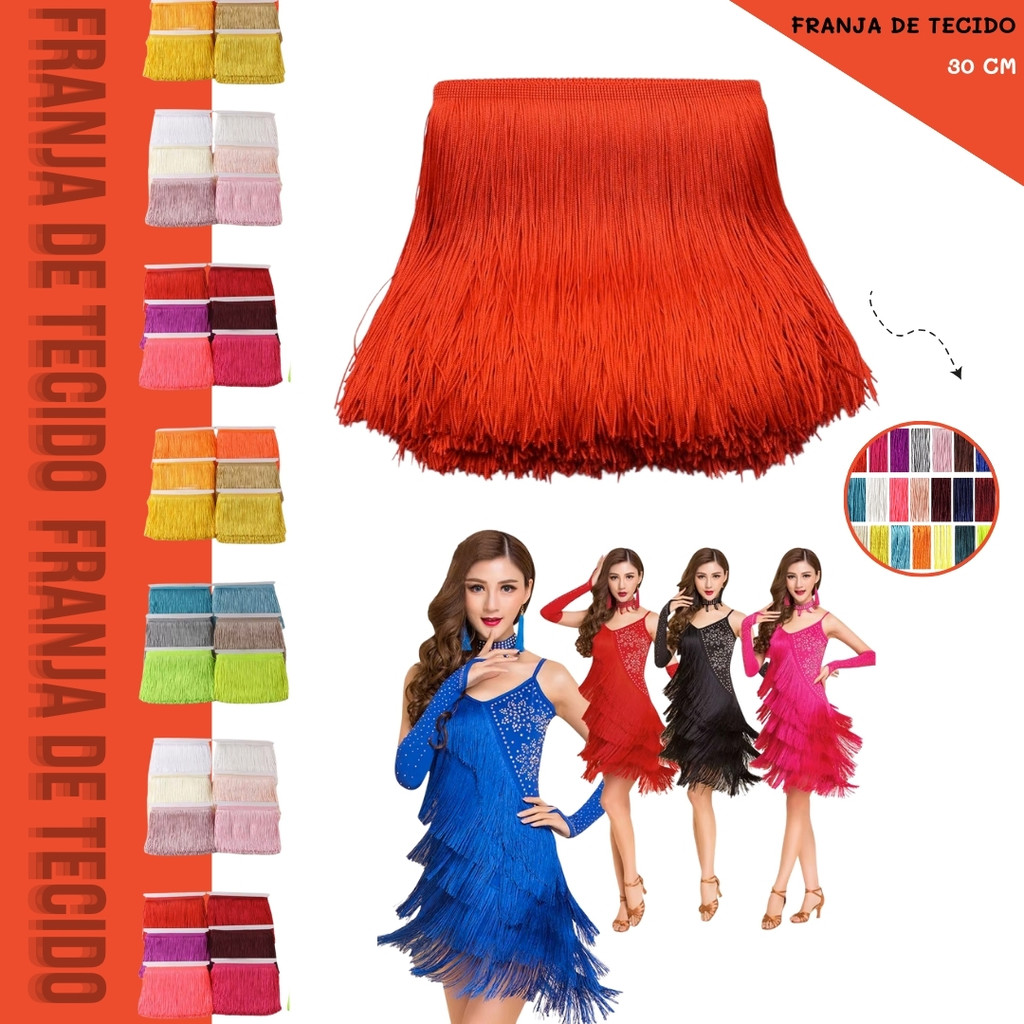 Franja de Tecido Acetinado - 30 cm - Grade de Cores - Rolo C/10 Mts