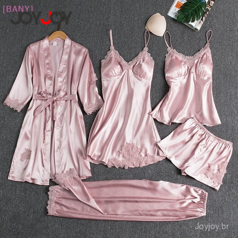 Joyjoy Conjunto de Pijamas de Seda para Mulheres com 5 Peças, Vestido de Pijama com Decote em V e Camisola Us NNH