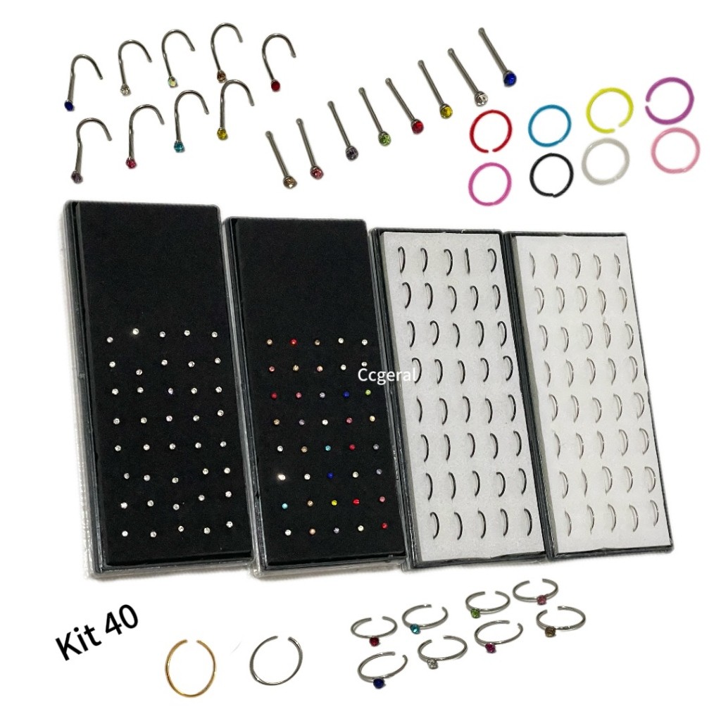 Feeling 316L kit com 40 Piercing De Nariz  Pedra De Strass Argola Falso Caxinha pircing