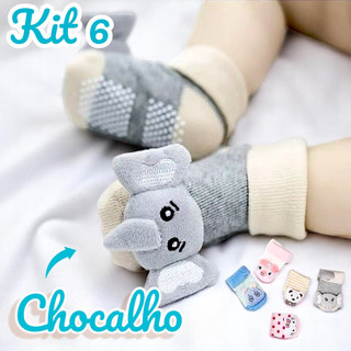 Kit 6 Meia Infantil com Chocalho Inverno Meias Bebê Menina Menino Antiderrapante Feminina Masculina