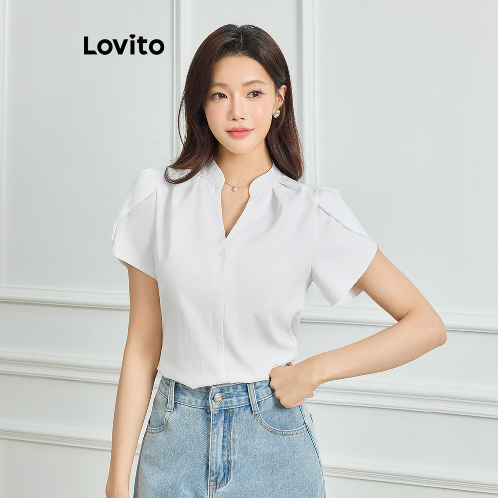 Lovito Blusa Elegante Estrutura Linha Plissada Blusa Primavera E Verão Para Mulheres L118ED367 - Women Clothes